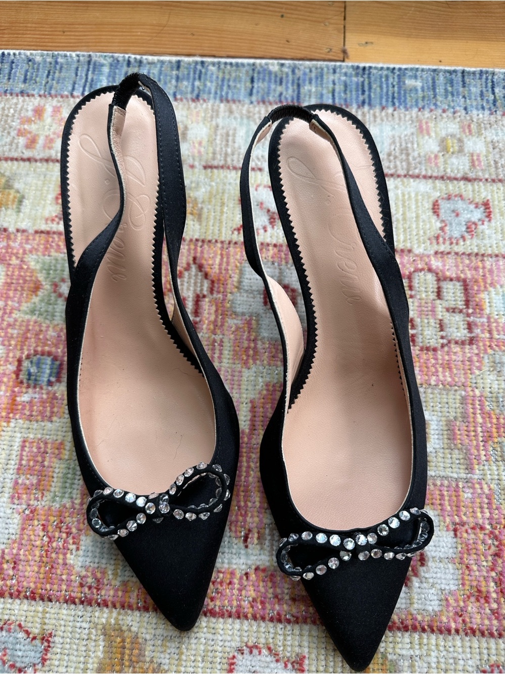 J. Crew Black Crystal Bow Slingback Heels